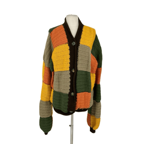 Hand Crafted Sweaters - 90s Hippie Hand Knit Cardigan Sweater Womens L Harry Styles Pattern Patchwork